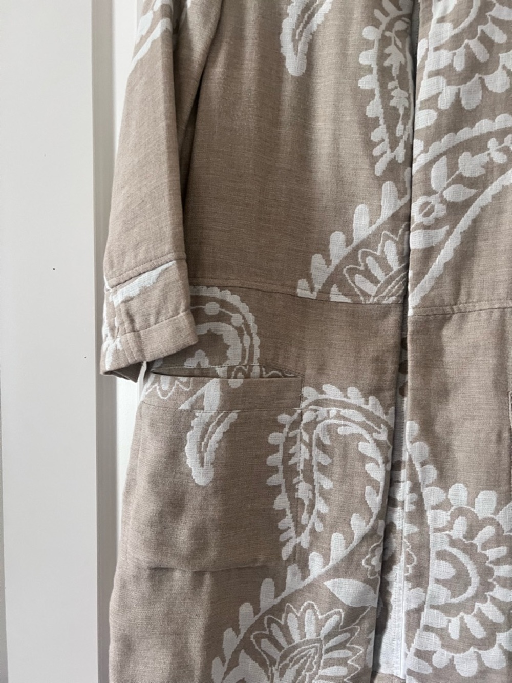Chico's Womens 1 Floral Jacquard Tan White Linen Cotton Boho Open Jacket Duster - Picture 2 of 7